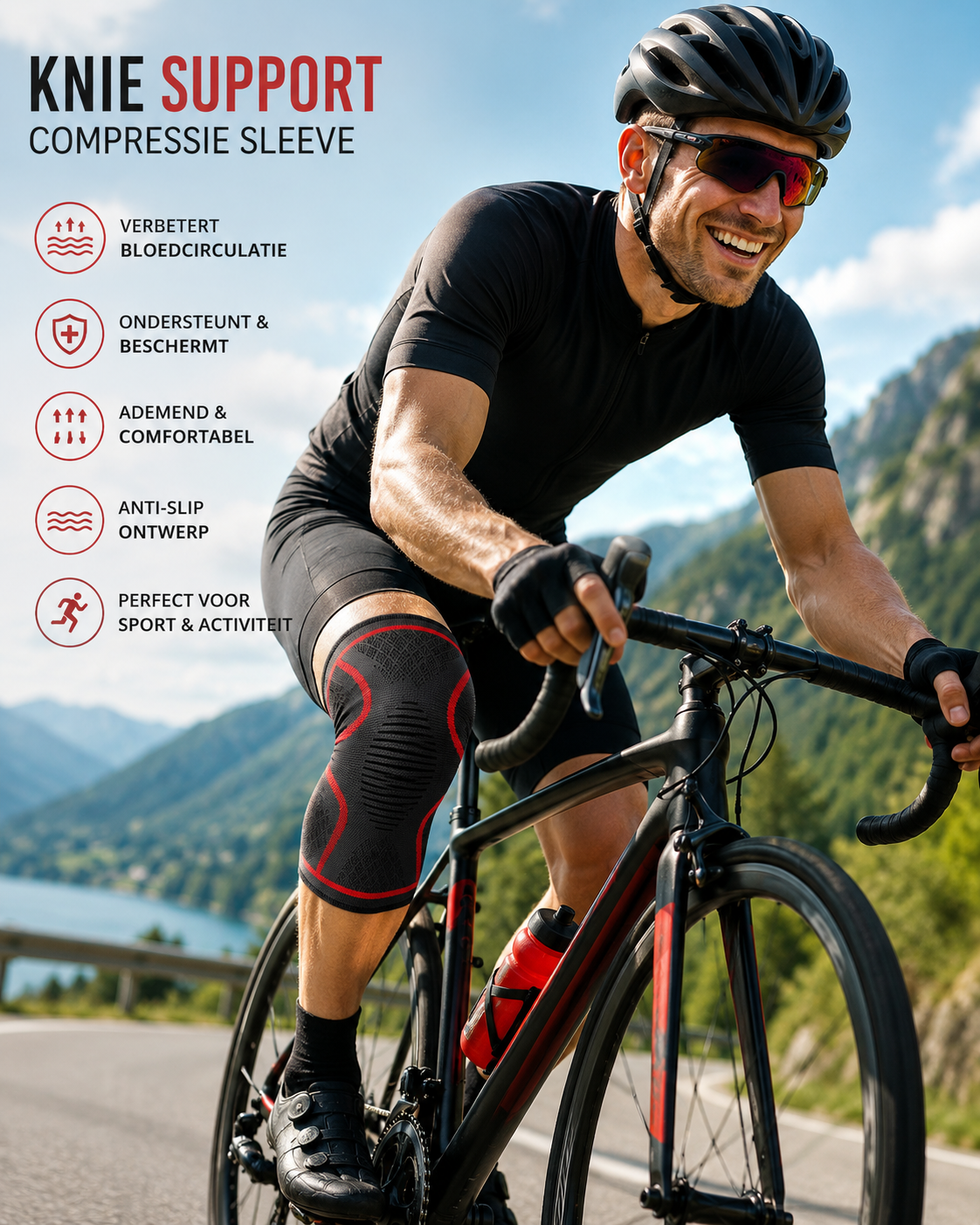 Knie support gedragen tijdens het fietsen