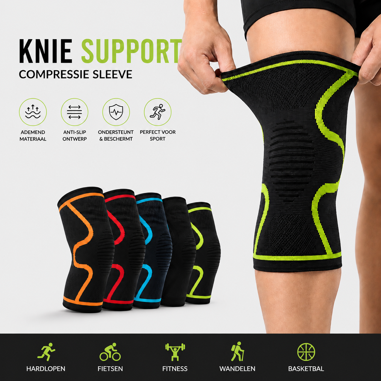 Compression knie support in zwart met kleurvarianten — Daily Mobility